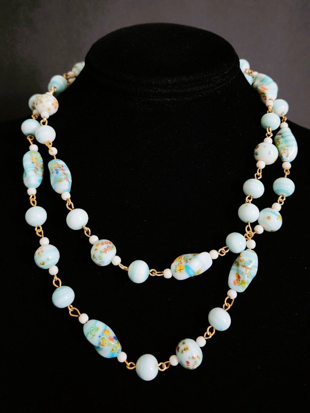 Vintage 60s Japanese Tombo Art Glass Necklace | Blue Floral | 35 inches